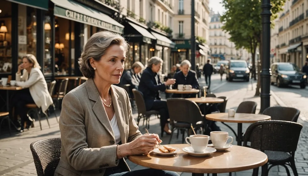 Une femme mature attablée à la terrasses d'un café dans une rue de Paris